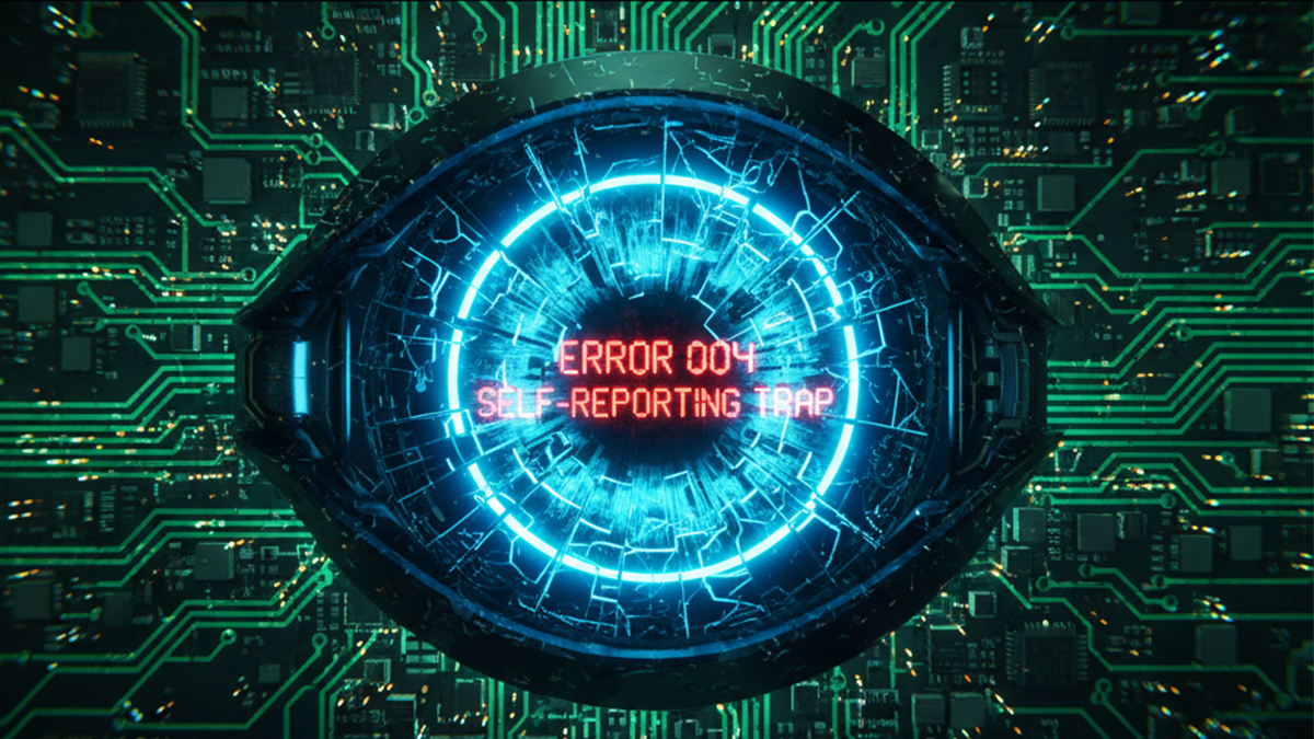 Digital eye with ERROR 004 SELF-REPORTING TRAP warning message surrounded by blue circuit patterns representing AI system self-evaluation failure