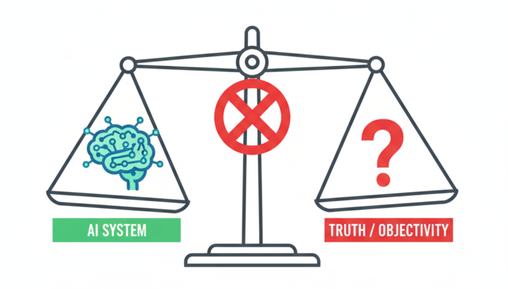Illustration of unbalanced scale showing AI system brain versus truth and objectivity with broken fulcrum representing conflict of interest in AI self-evaluation